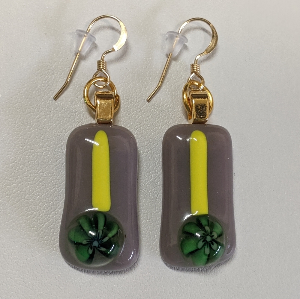 Artisan Handmade glass earrings with green glass flowers. Gold.
